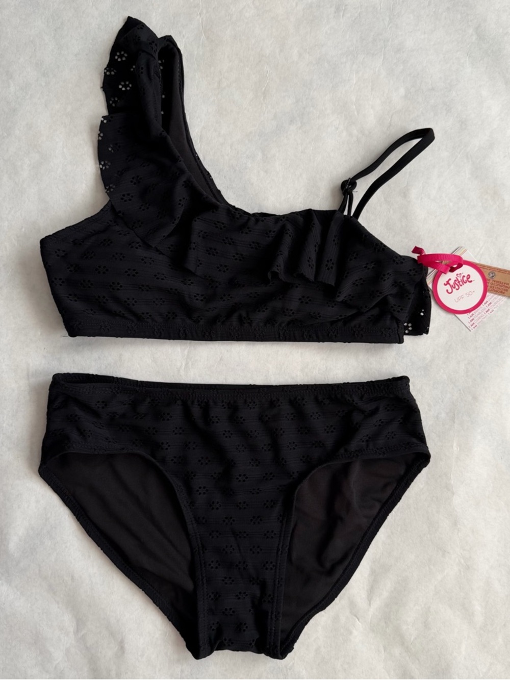Justice Girls 2 Piece Eyelet Ruffle Shoulder XL 16/18 Bikini Black Swimsuit G